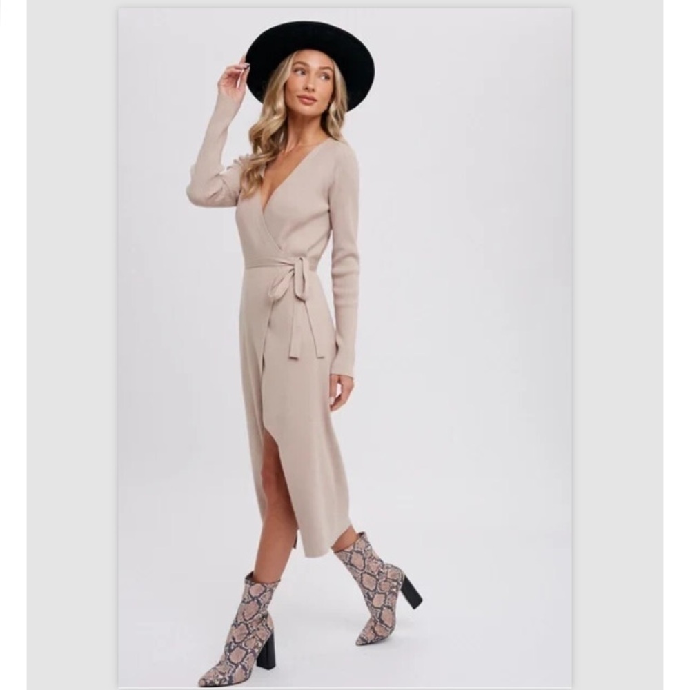 BluIvy Ribbed Wrap Sweater Dress | Sand Small NWOT